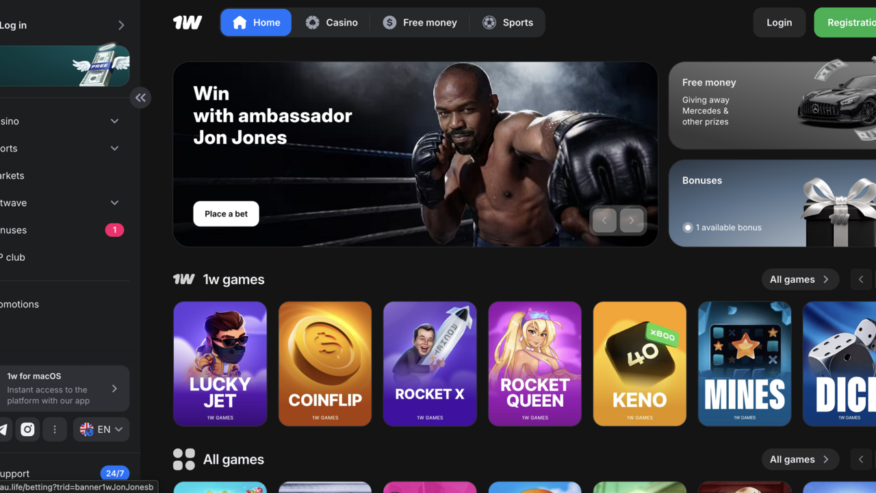 Screenshot der 1win Casino-Startseite