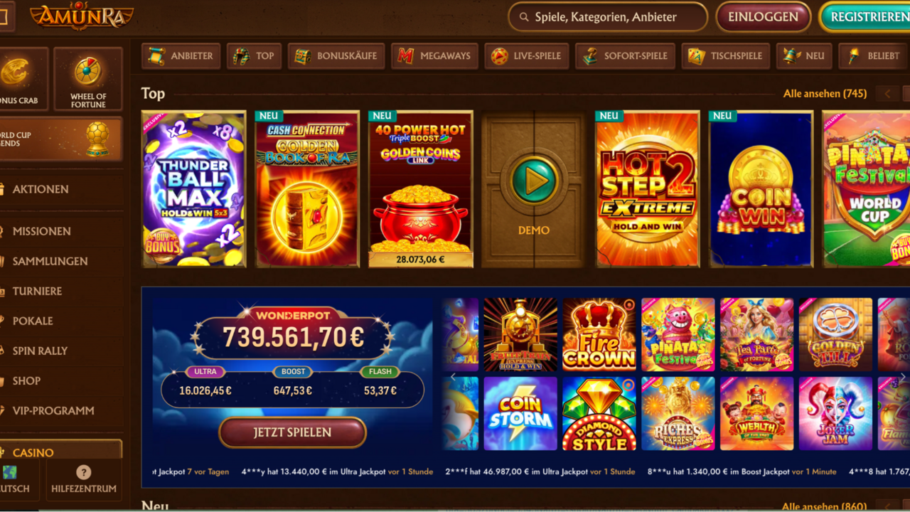 Screenshot der AmunRa Casino-Startseite im Ägypten-Stil