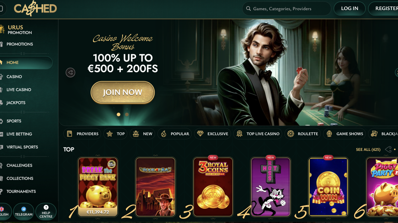 Screenshot der Cashed Casino-Startseite mit Sport-Welcome-Bonus und URUS-Promotion