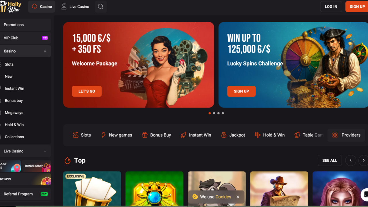 Screenshot der HollyWin Casino-Startseite im Hollywood-Stil