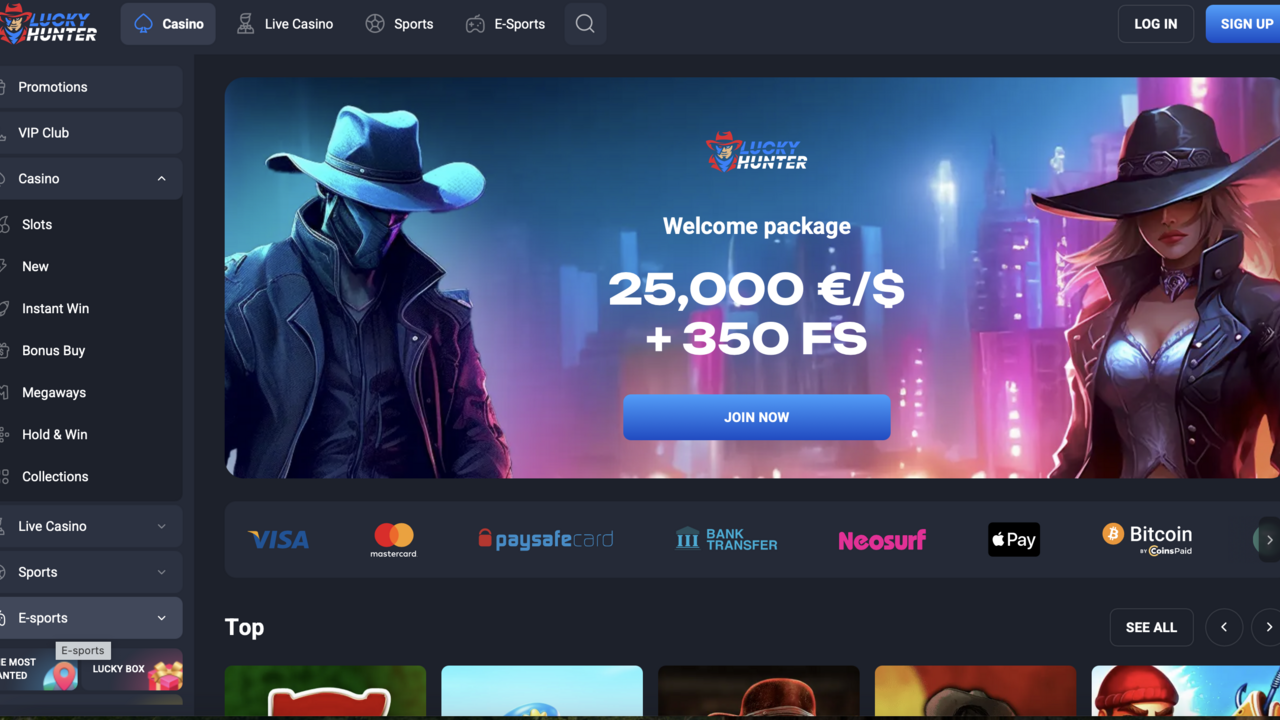 Screenshot der Lucky Hunter Casino-Startseite