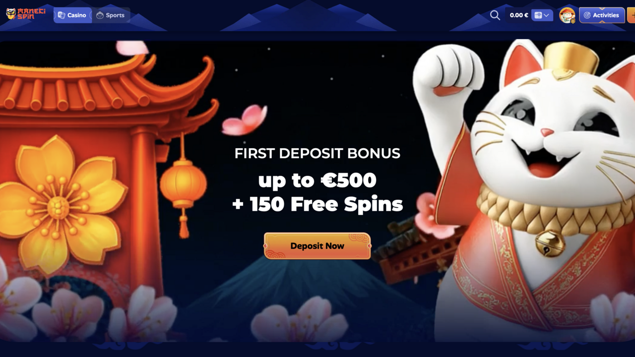 Screenshot der ManekiSpin Casino-Startseite mit Maneki-Cat-Maskottchen und Welcome-Bonus