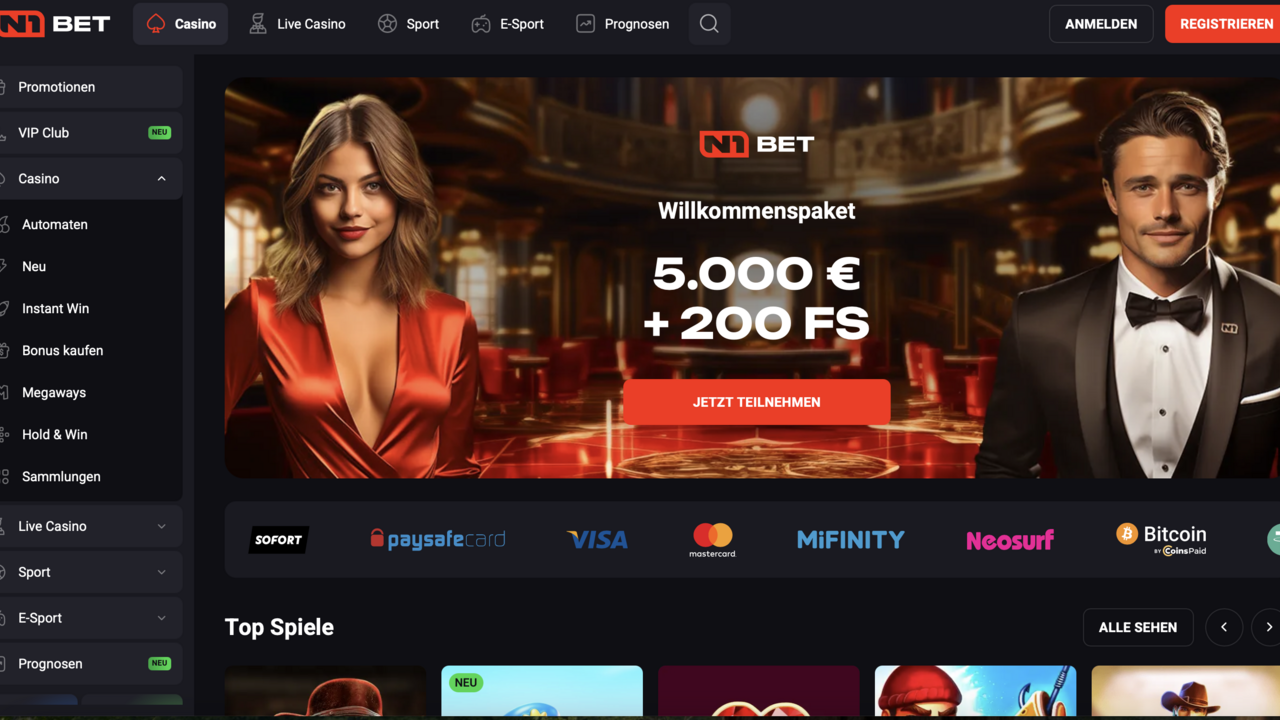 Screenshot der N1 Casino-Startseite