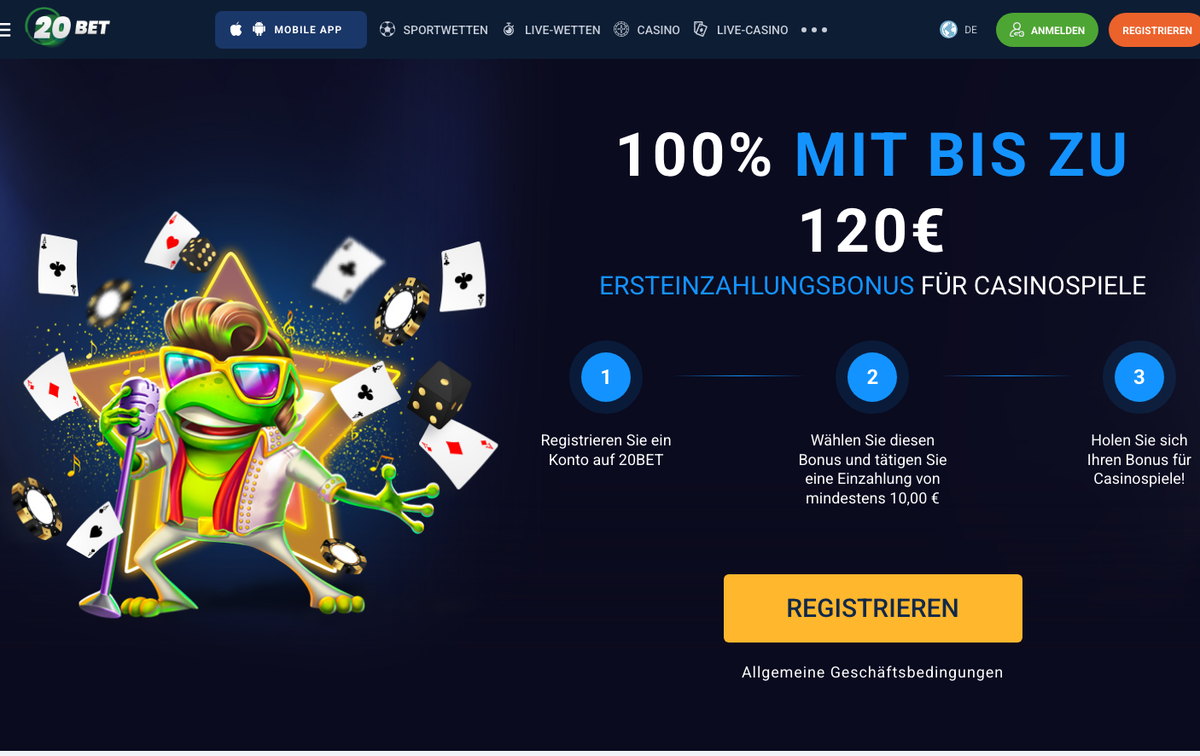 20Bet Ersteinzahlungsbonus für Casinospiele 100 % bis 120 € in drei Schritten