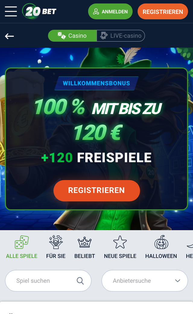 Mobile Casino-Lobby von 20Bet mit Willkommensbonus 120 € + 120 Freispiele