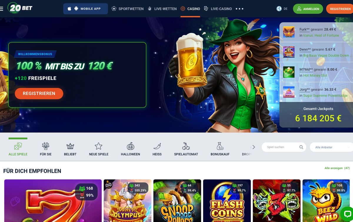 20Bet Casino-Lobby mit Willkommensbonus 100 % bis zu 120 € + 120 Freispiele