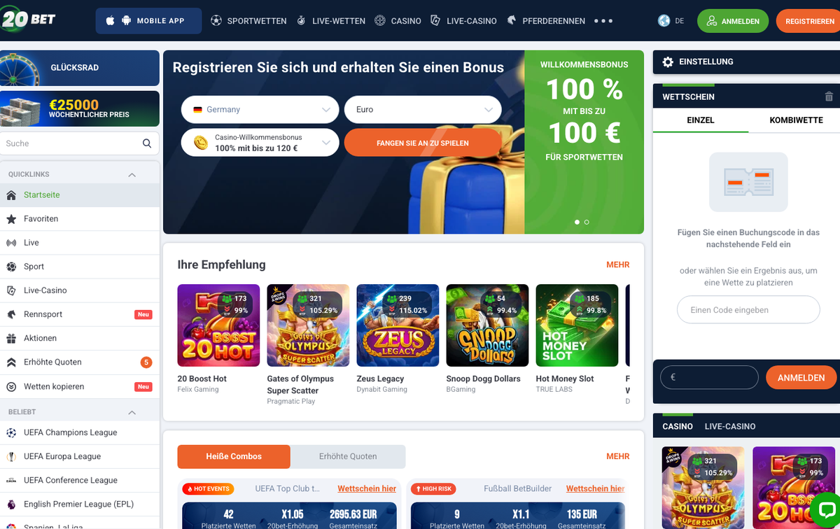 20Bet Startseite mit Registrierung, Land Germany und Euro vorausgewählt