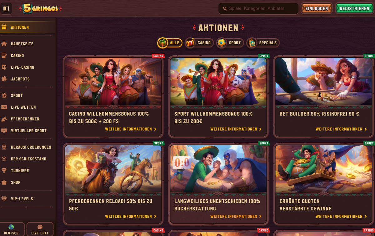 5Gringos Aktionsseite mit Casino-Willkommensbonus 100 % bis 500 € + 200 FS