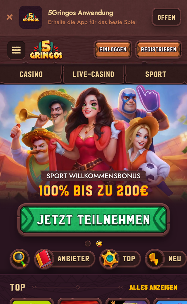Mobile Startseite von 5Gringos mit App-Hinweis und Spielkategorien