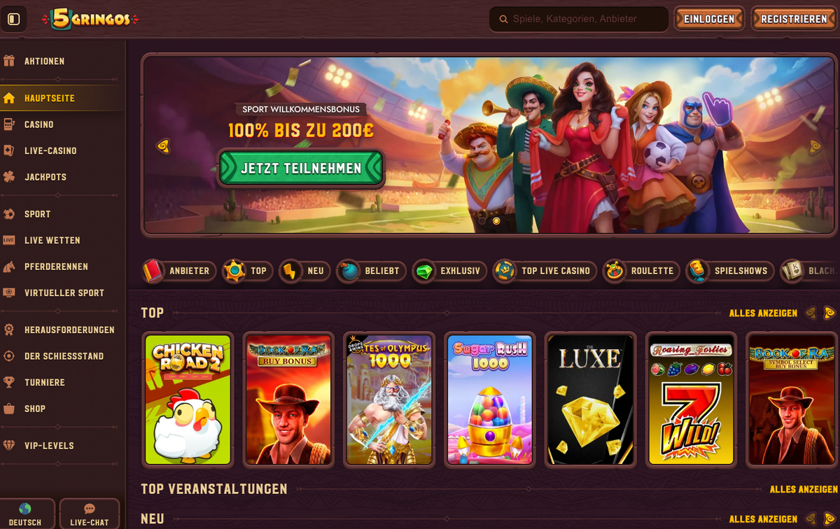 5Gringos Startseite mit Sport-Willkommensbonus und Spielauswahl im Western-Design