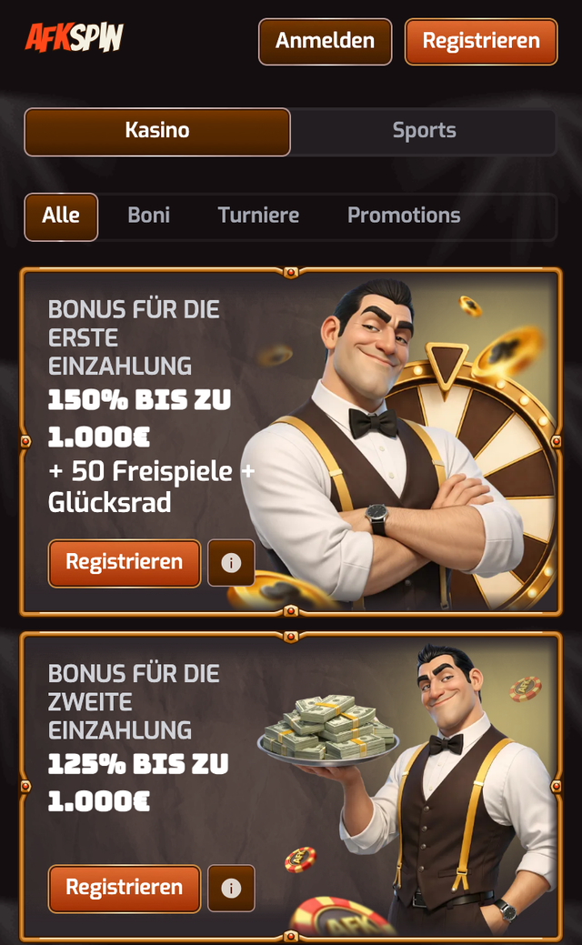AFKSpin Bonusseite mobil mit 150 % bis zu 1.000 € + 50 Freispiele + Glücksrad