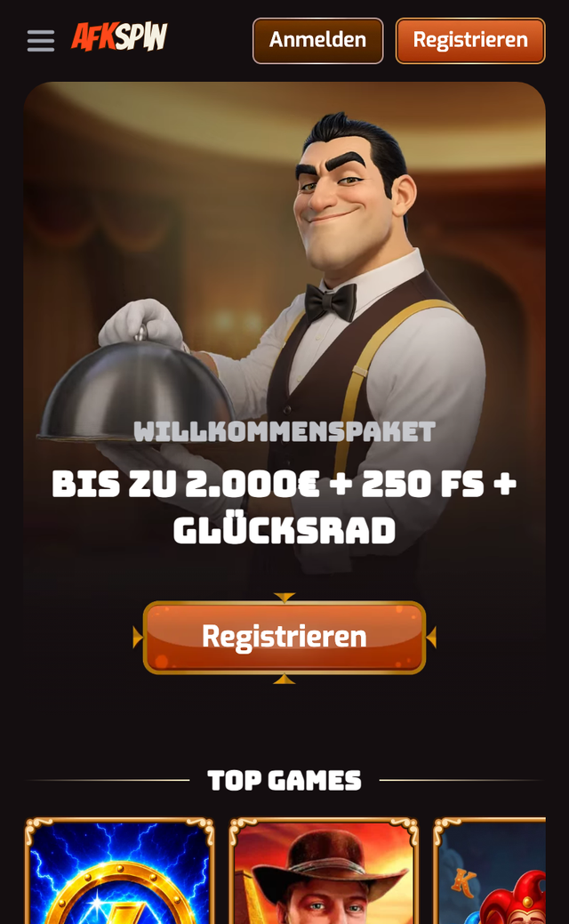 Mobile Startseite von AFKSpin mit Willkommenspaket bis zu 2.000 € + 250 FS