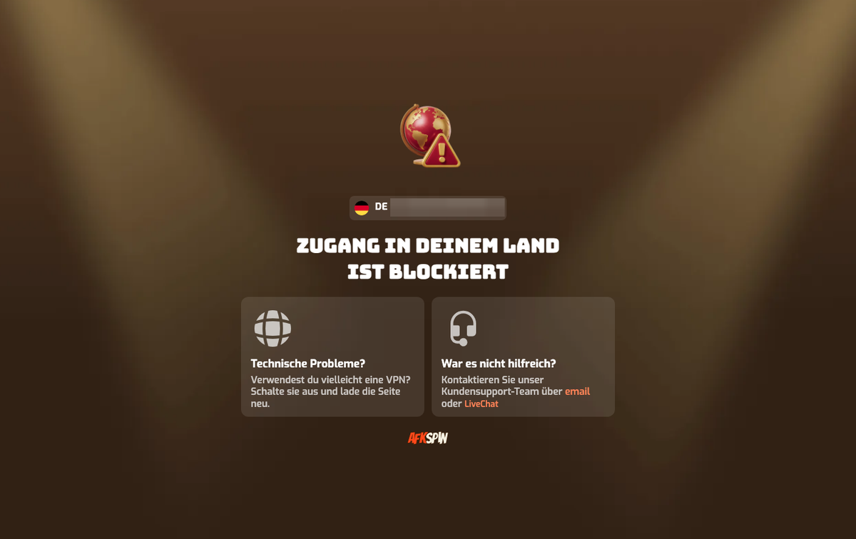 AFKSpin Sperrseite Zugang in deinem Land ist blockiert beim Aufruf aus Deutschland