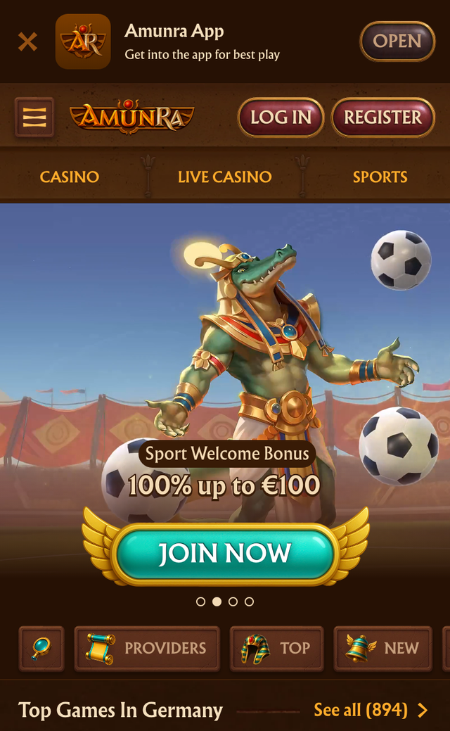 Mobile Ansicht von AmunRa mit App-Hinweis und Sport-Willkommensbonus