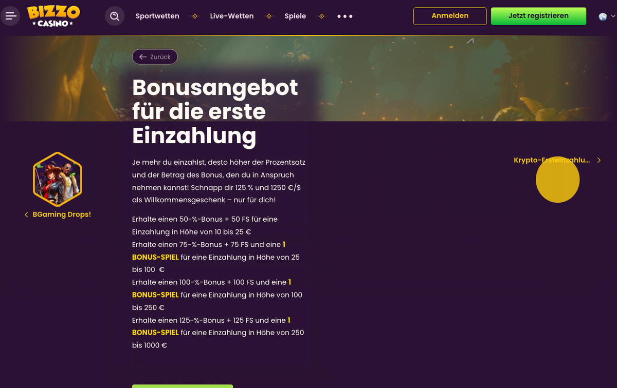 Bizzo Casino Bonusangebot für die erste Einzahlung mit Staffelung nach Einzahlungshöhe