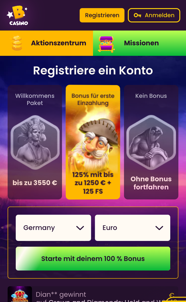 Mobile Registrierung bei Bizzo Casino mit Länderauswahl Germany und Währung Euro