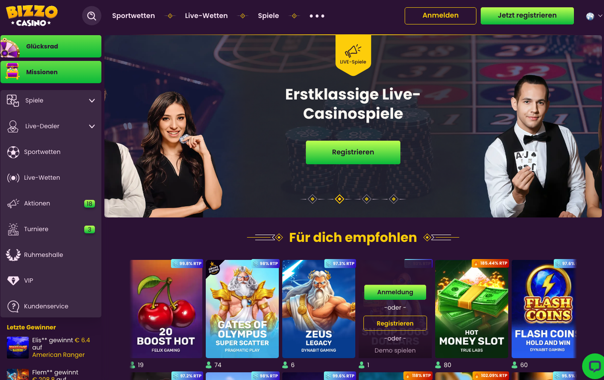 Startseite von Bizzo Casino mit Live-Casino-Banner und empfohlenen Slots