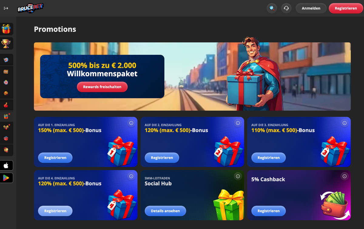 Bruce Bet Promotions-Seite mit Willkommenspaket bis 2.000 Euro auf vier Einzahlungen