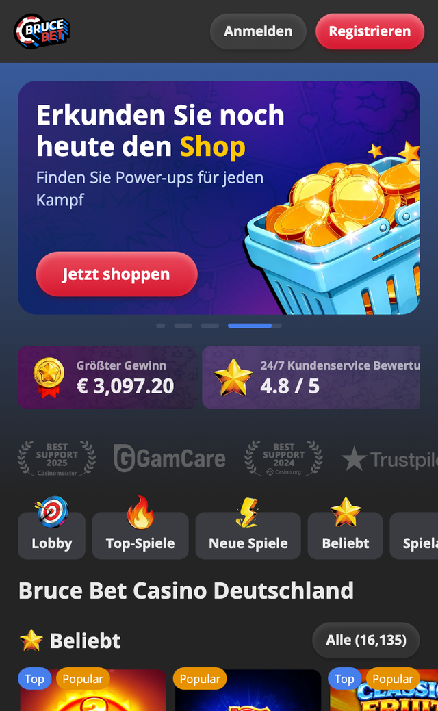 Mobile Startseite von Bruce Bet auf dem Smartphone mit Spielelobby