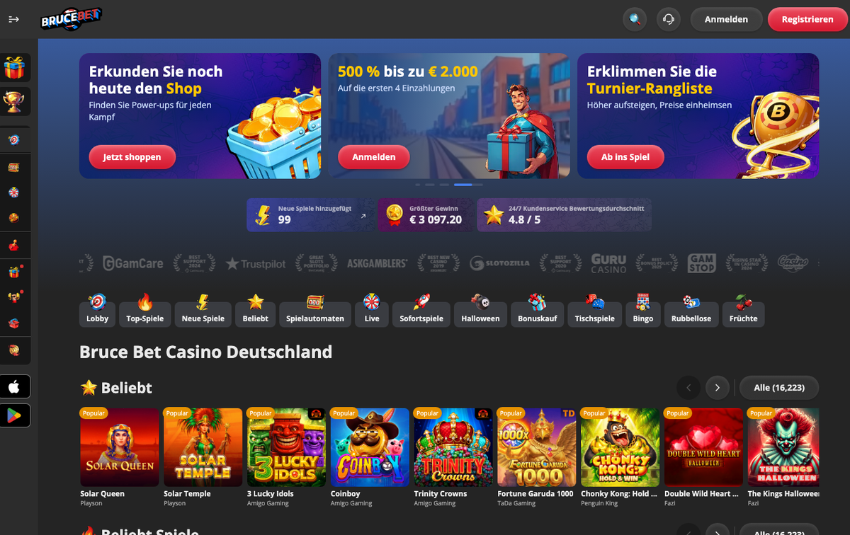 Startseite von Bruce Bet mit Aktionsbannern und Spielekategorien