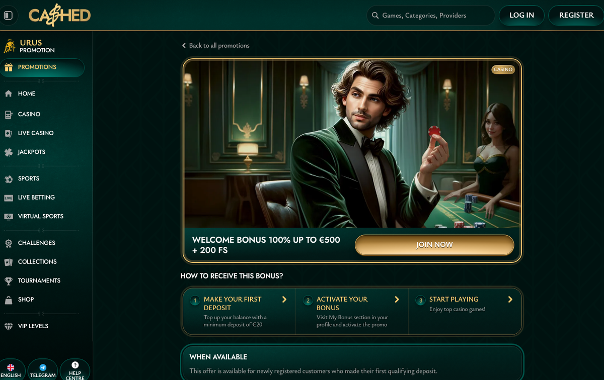 Cashed Willkommensbonus 100% bis 500 € + 200 Freispiele mit Ablauf in drei Schritten