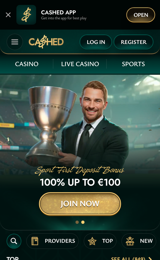 Mobile Startseite von Cashed mit App-Hinweis und Sport-Einzahlungsbonus
