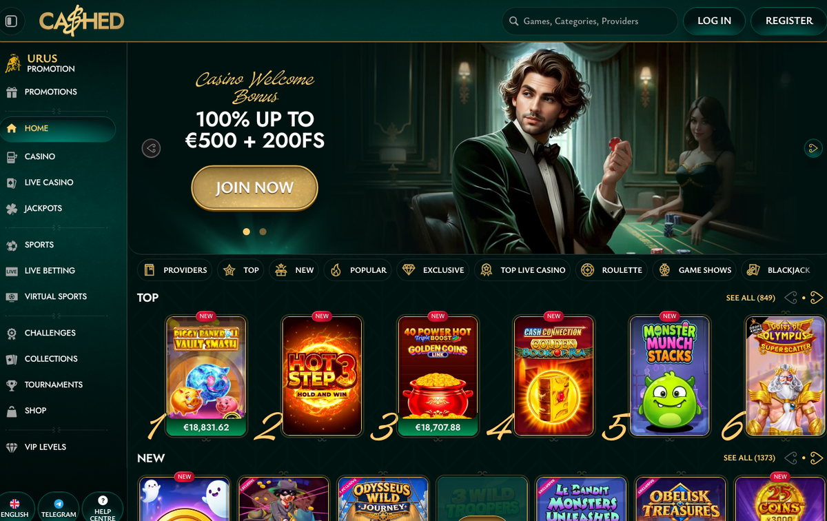 Startseite von Cashed Casino mit Willkommensbonus 100% bis 500 € + 200 FS