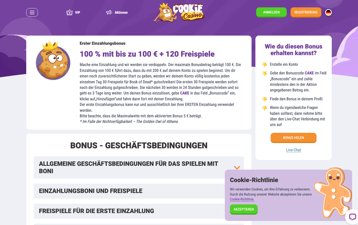 Cookie Casino erster Einzahlungsbonus: 100 % bis zu 100 € + 120 Freispiele