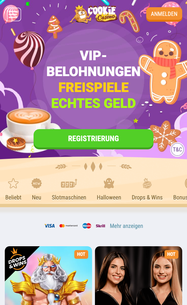 Mobile Startseite von Cookie Casino mit Spielkategorien und Top-Slots