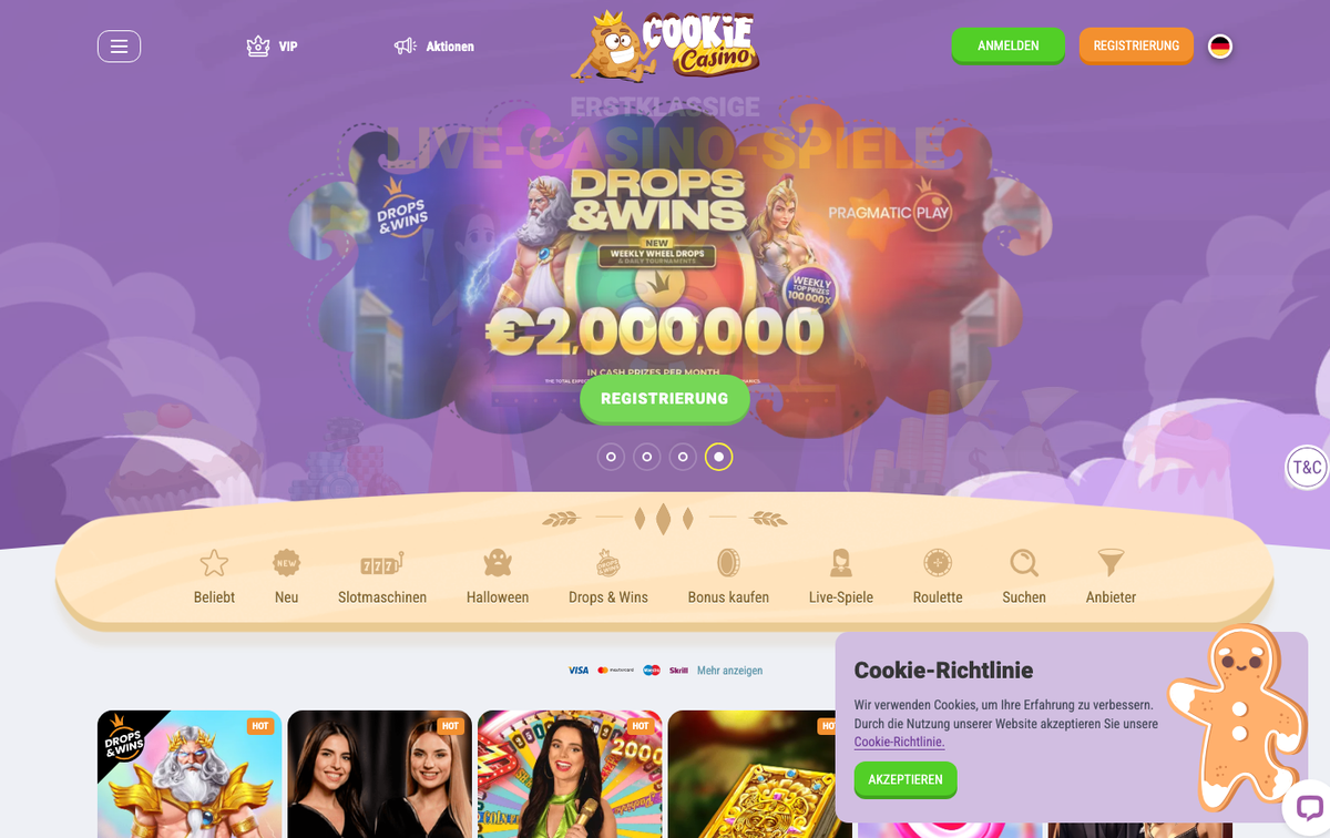 Startseite von Cookie Casino mit Drops-&-Wins-Banner und Spielkategorien