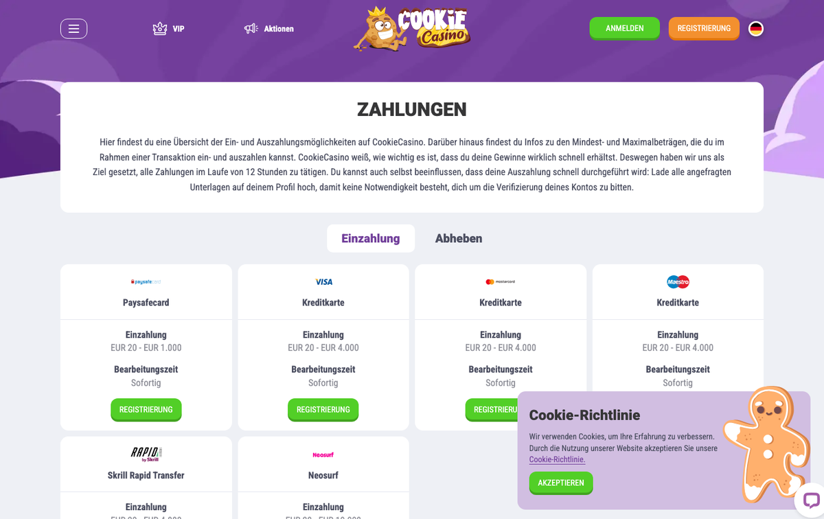 Cookie Casino Zahlungsseite mit Paysafecard, Visa, Mastercard, Maestro ab EUR 20