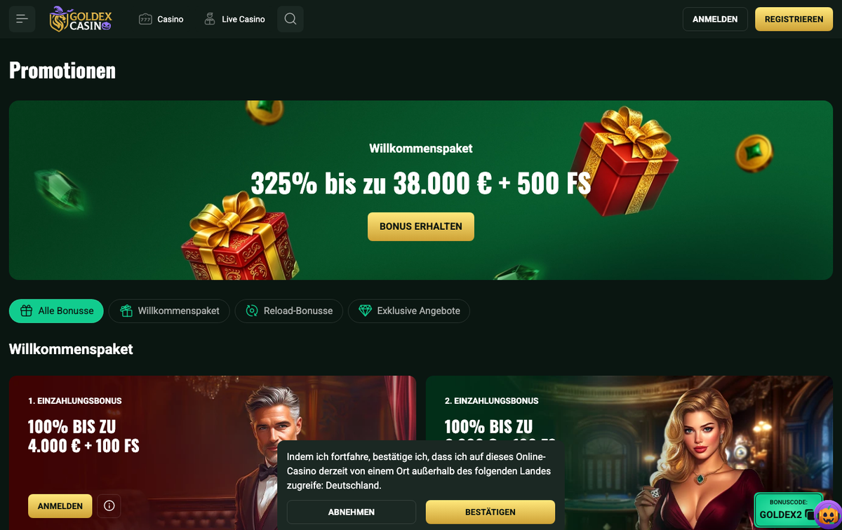 Goldex Promotionen mit Willkommenspaket 325% bis zu 38.000 € + 500 FS