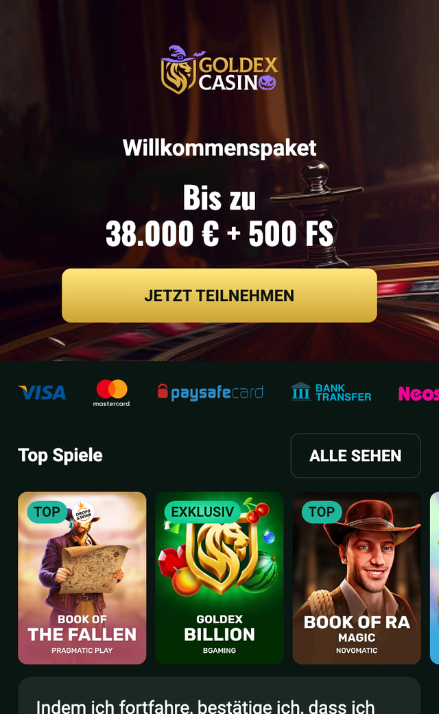 Mobile Startseite von Goldex Casino mit Willkommenspaket und Deutschland-Hinweis