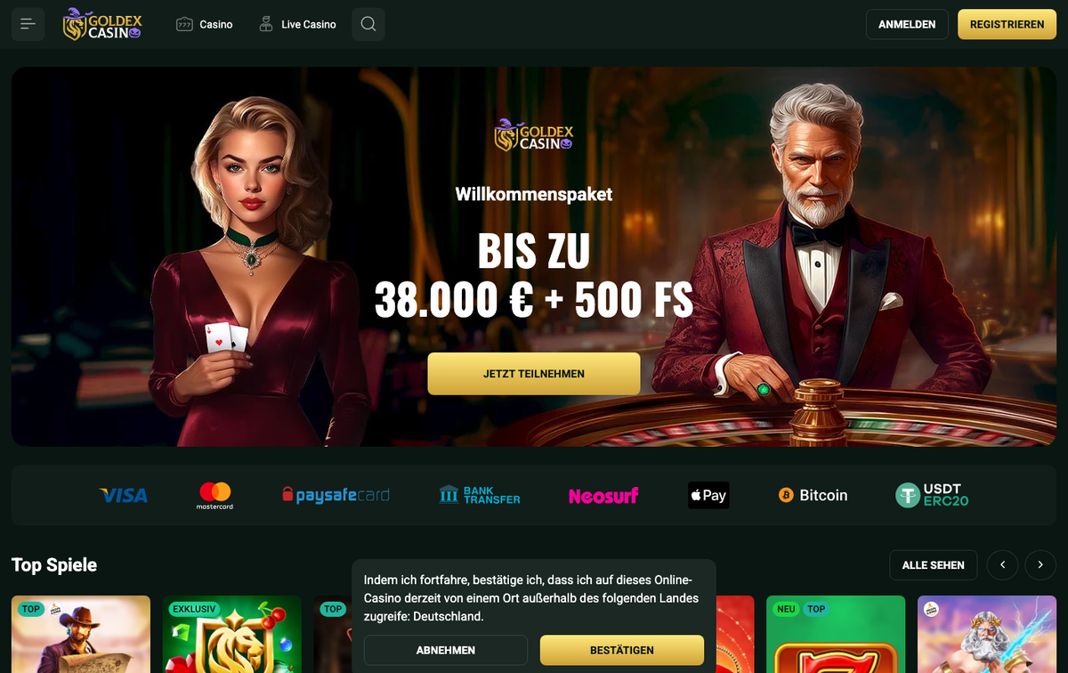 Goldex Casino Startseite mit Willkommenspaket bis zu 38.000 € + 500 FS und Deutschland-Hinweis