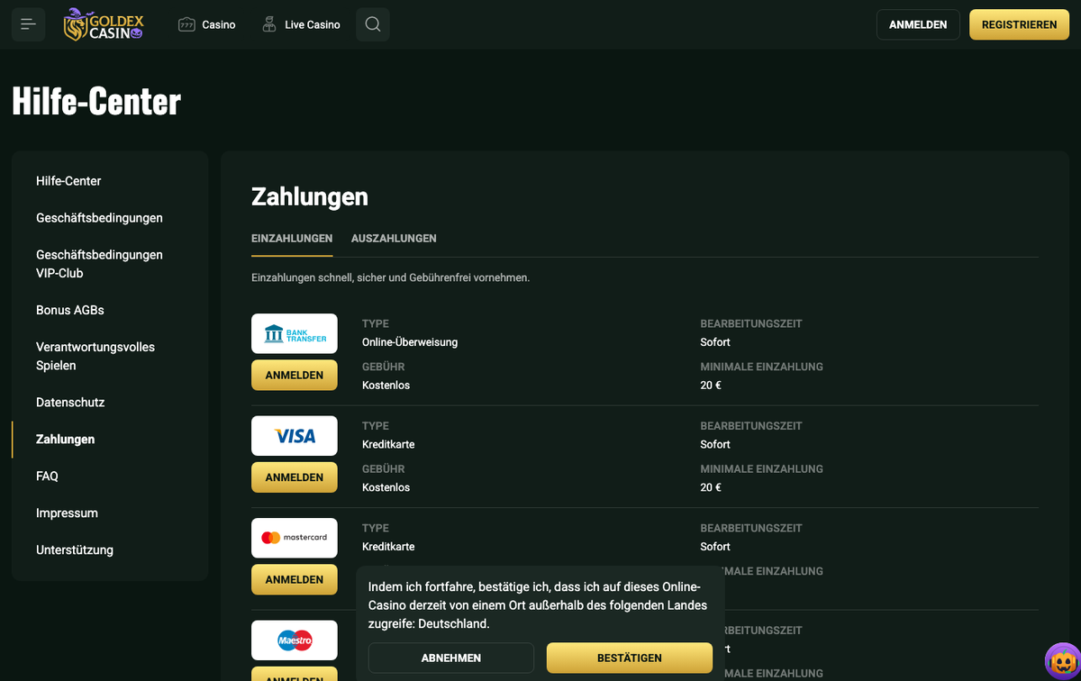 Goldex Zahlungsseite mit Banküberweisung und Visa ab 20 € Mindesteinzahlung