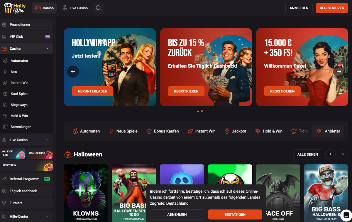 Startseite von HollyWin mit Hinweis für Besucher aus Deutschland