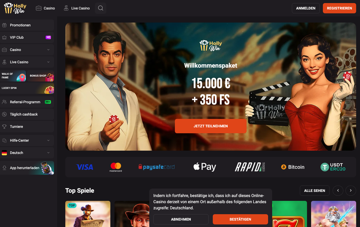 HollyWin Willkommenspaket 15.000 € und 350 Freispiele