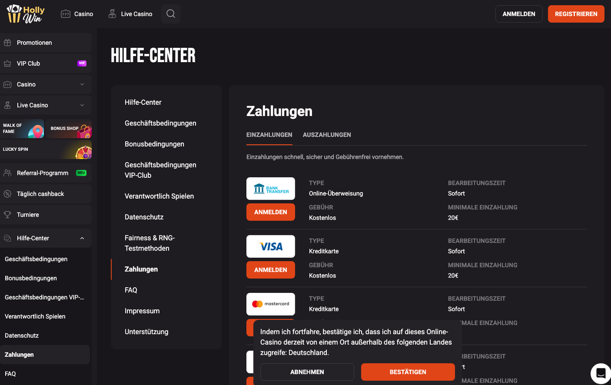 Zahlungsseite von HollyWin mit Banküberweisung, Visa und Mastercard ab 20 €