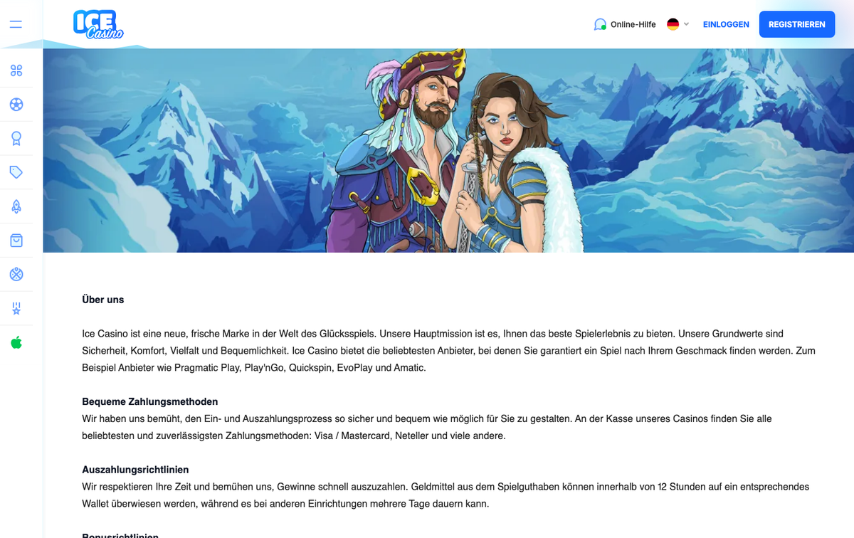 Über-uns-Seite von Ice Casino mit Angaben zu Zahlungsmethoden und Auszahlungen