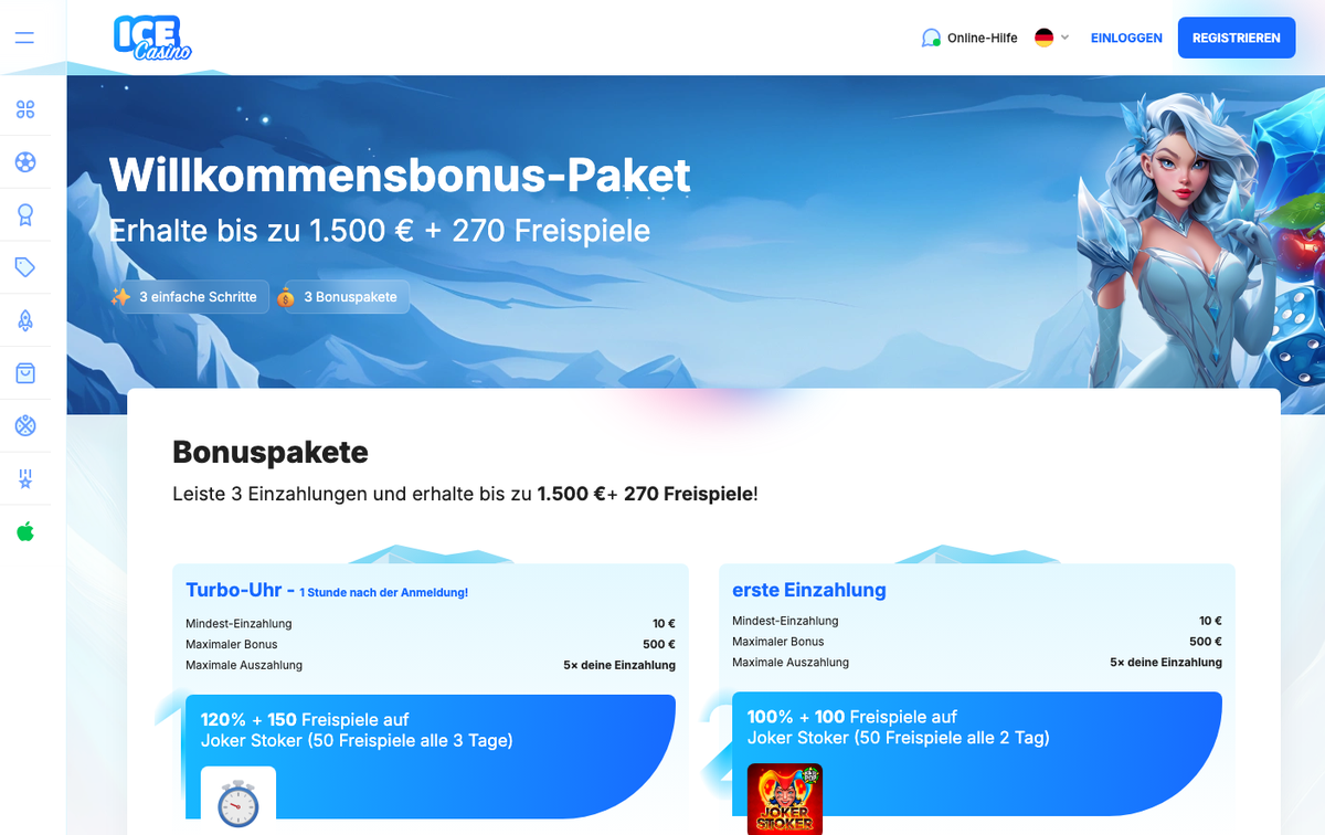 Ice Casino Willkommensbonus-Paket bis zu 1.500 € + 270 Freispiele mit Mindesteinzahlung 10 €