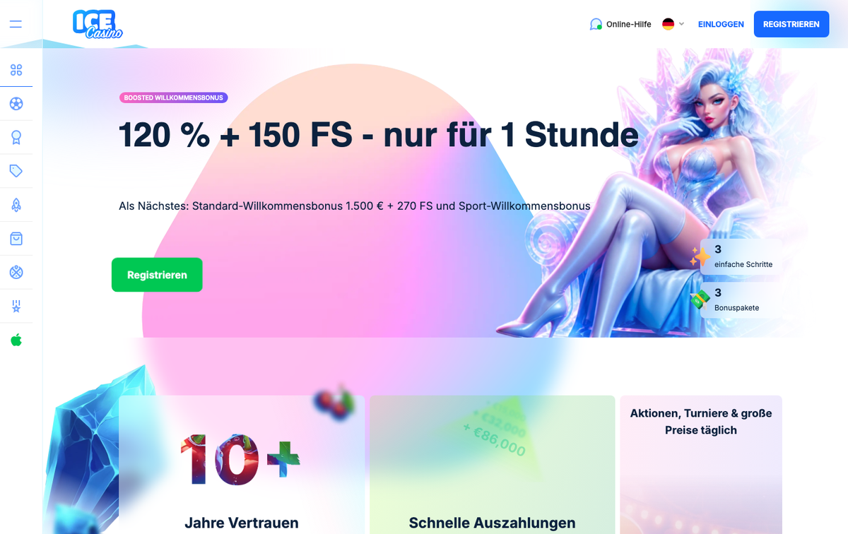 Startseite von Ice Casino mit befristetem Boosted-Willkommensbonus und Standardpaket