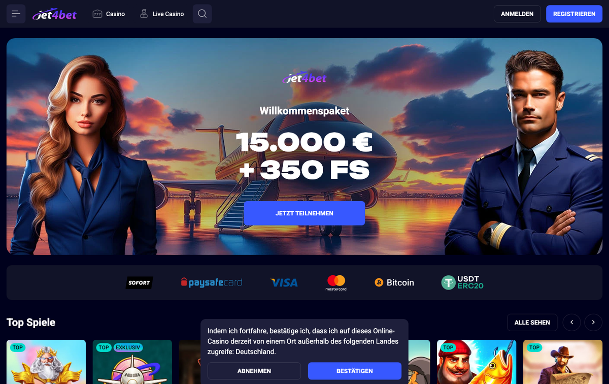 Jet4bet Willkommenspaket-Seite mit Zahlungsanbietern und Top-Spielen