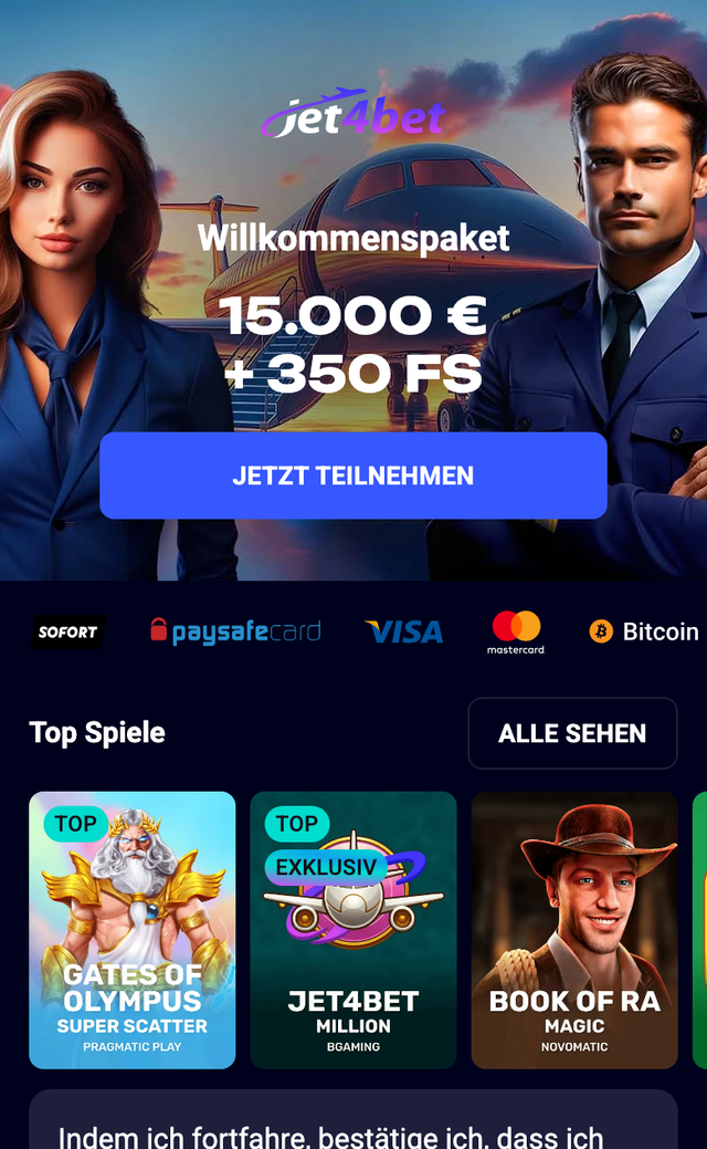 Mobile Ansicht von Jet4bet mit Willkommenspaket und Länder-Hinweis