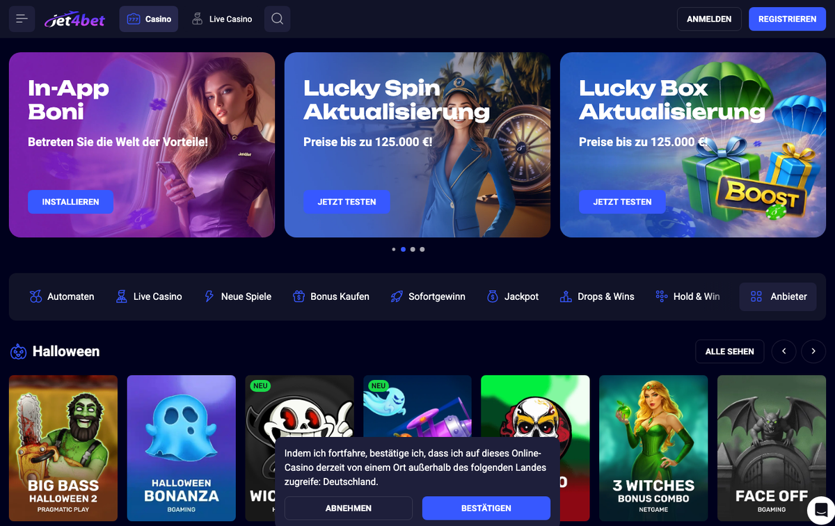 Jet4bet Startseite mit Hinweisfenster zum Zugriff außerhalb Deutschlands