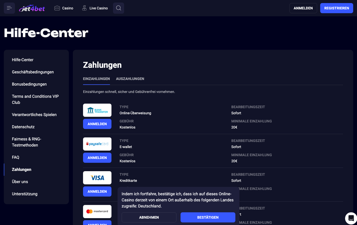 Jet4bet Zahlungsseite mit Einzahlungsmethoden und Mindesteinzahlung 20 Euro