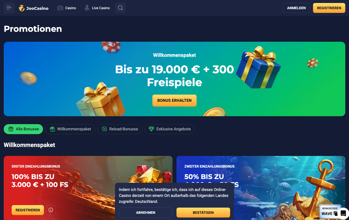 Joo Casino Promotionen: Willkommenspaket bis zu 19.000 € + 300 Freispiele