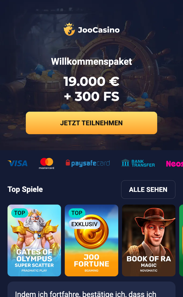 Mobile Ansicht von Joo Casino mit Willkommenspaket 19.000 € + 300 FS