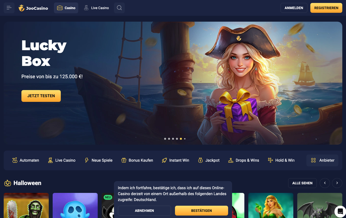 Startseite von Joo Casino mit Lucky-Box-Banner und Spielkategorien