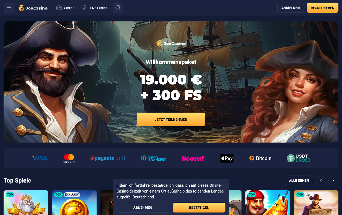 Joo Casino Willkommenspaket 19.000 € + 300 FS mit Abfrage zum Standort Deutschland