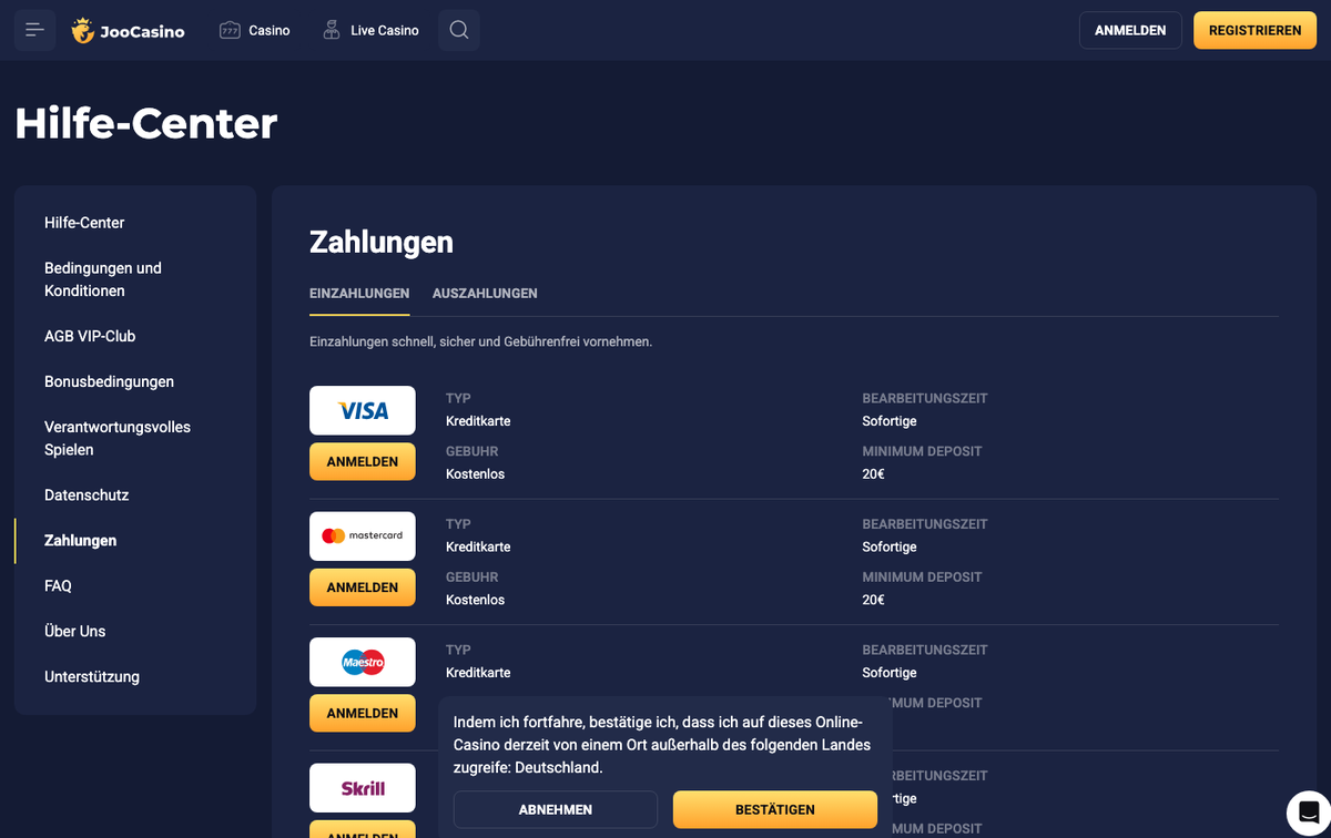 Joo Casino Zahlungsseite mit Visa und Mastercard ab 20 €